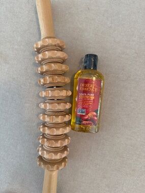 Wooden Cellulite Massage Roller + NEW Desert Essence 100% Pure Jojoba Oil Bundle